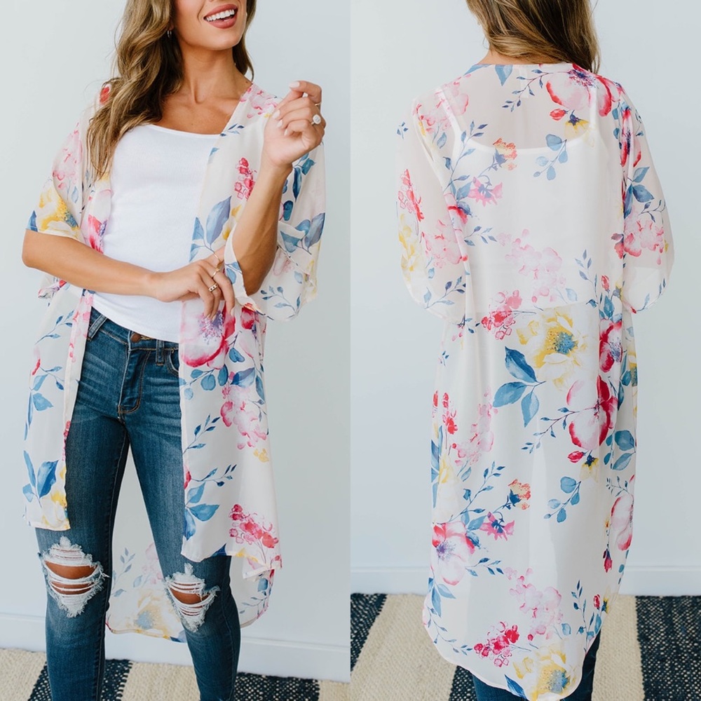Lightweight Floral Kimono in Ivory - Picture 1 of 10